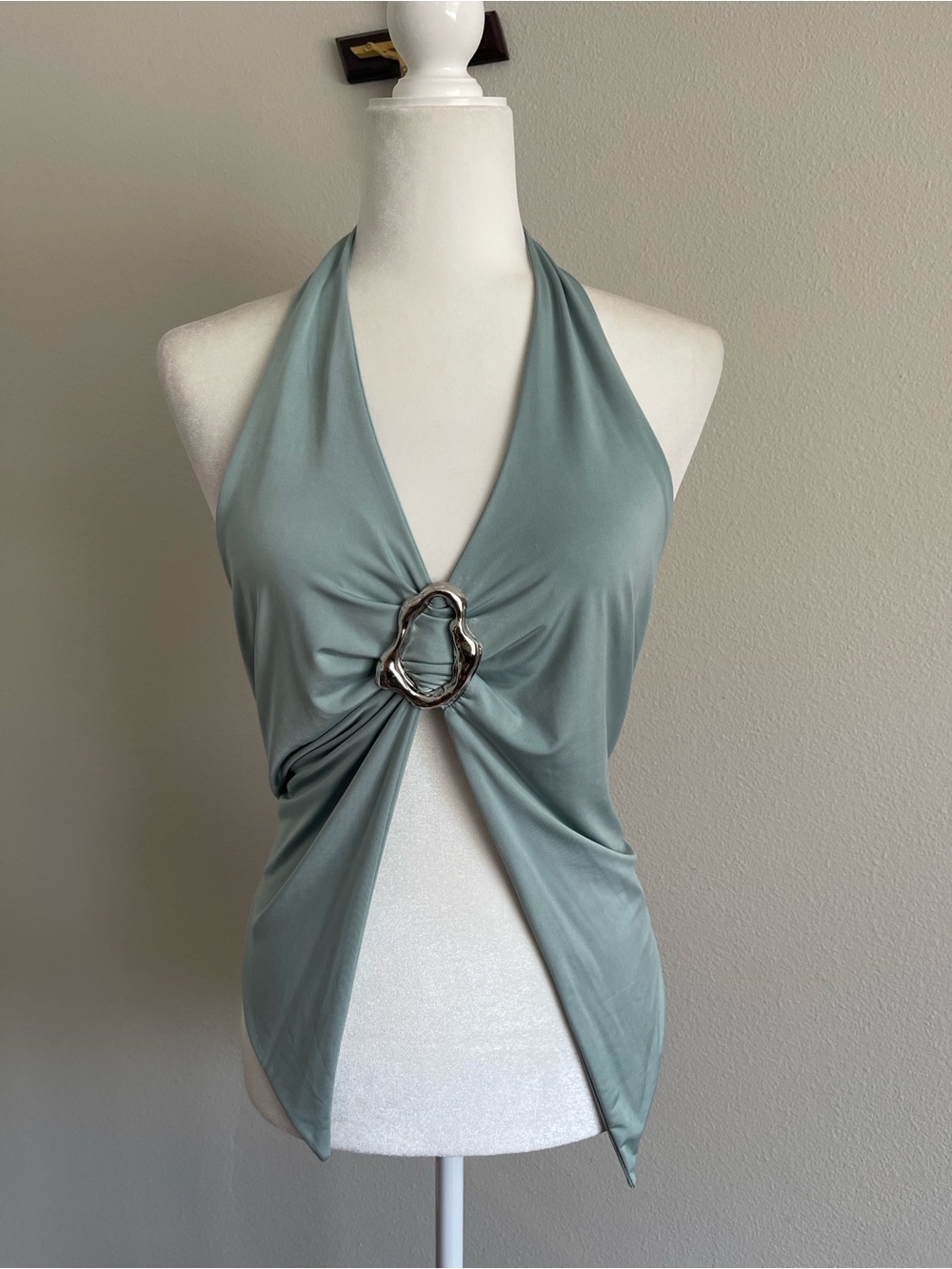 Fashion Nova Sage Green Halter Top with Silver Ring